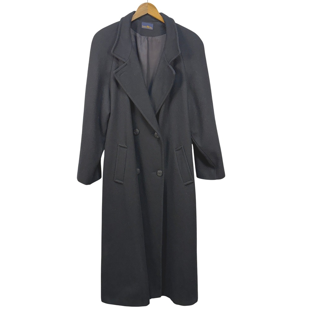 VIntage Womens Hunters Run Double Breasted Black Wool Blend Coat Large Overcoat